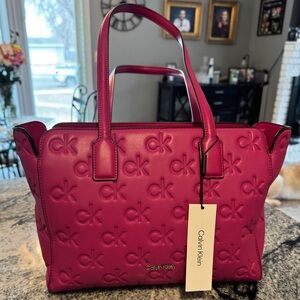 NWT Calvin Klein Logo Hot Pink Noa Top Zip Tote Bag